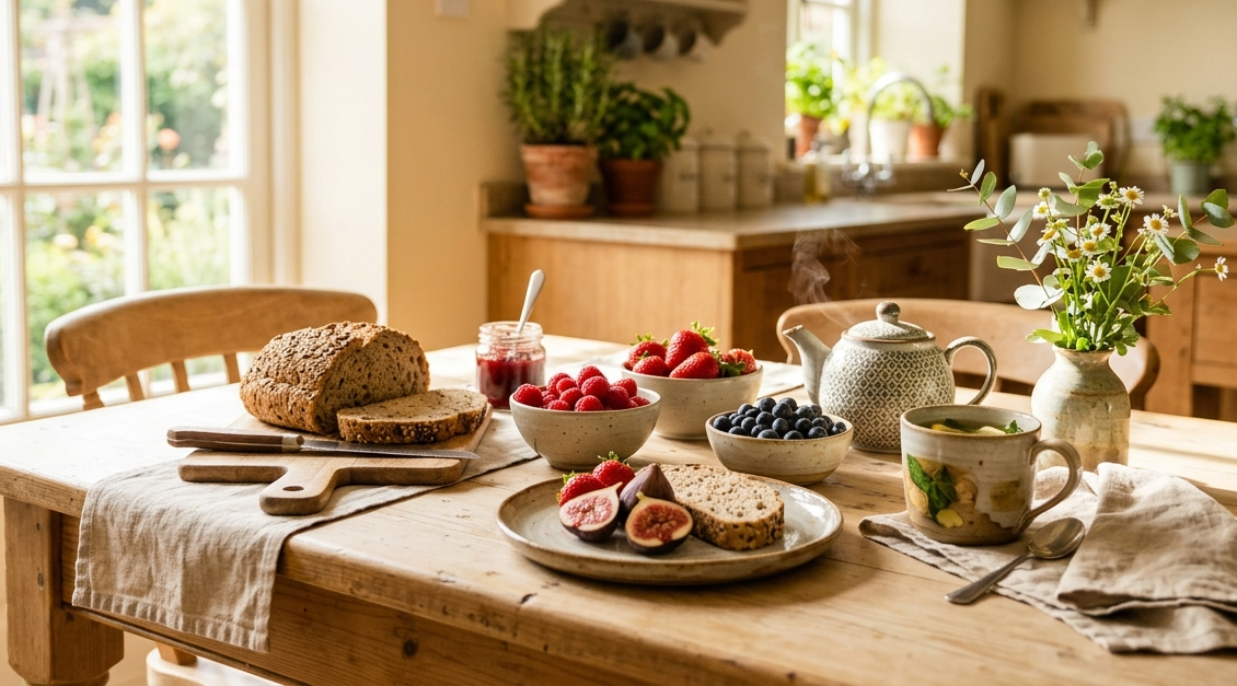 Frisches Frühstück mit Obst und Kräutertee auf einem hellen Holztisch